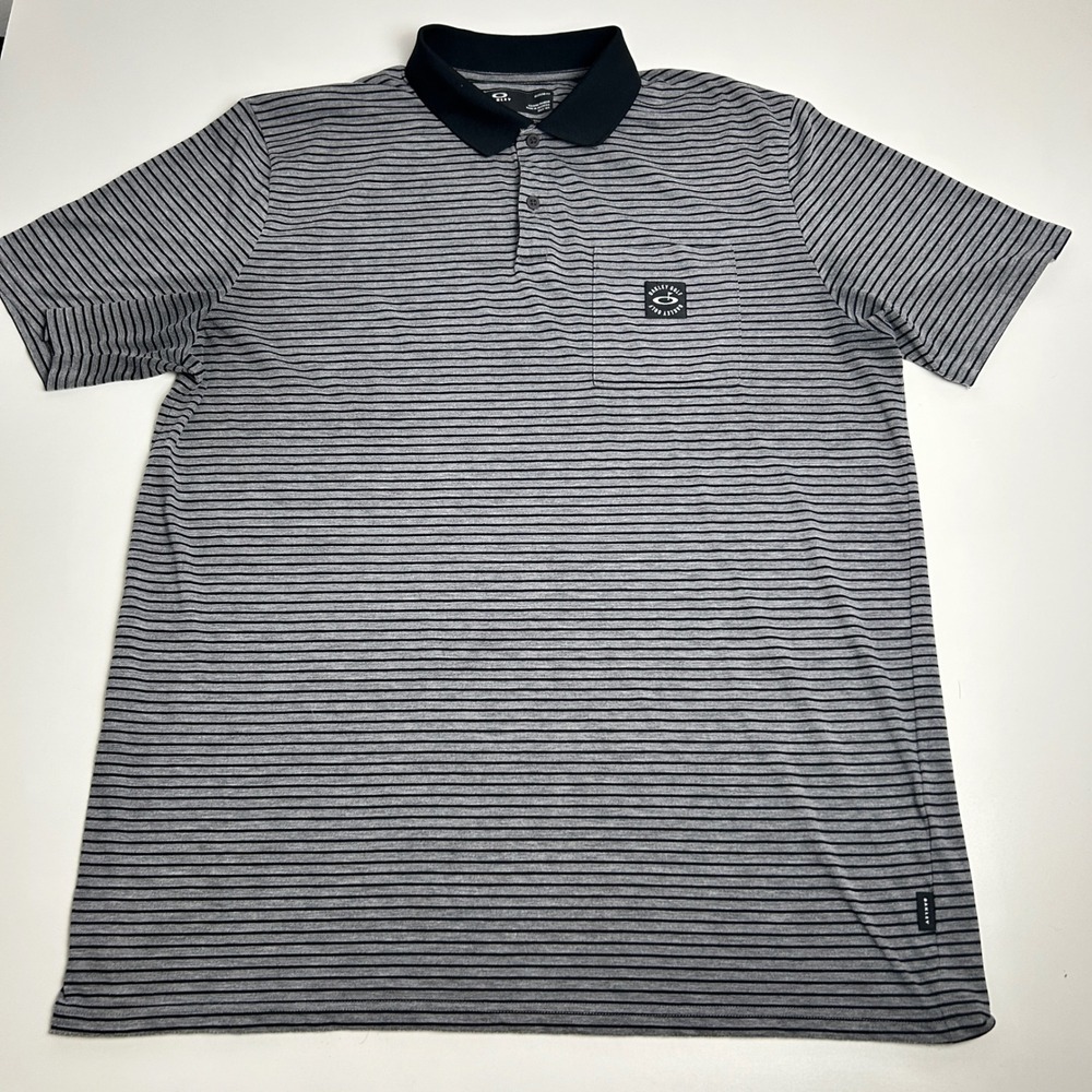 Oakley Golf Polo Shirt Mens 2XL Grey Black Striped Short Sleeve Pocket Regular